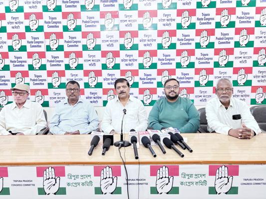 Congress MLA Sudip Roy Barman briefs media persons at Congress Bhavan in Agartala on December 20.